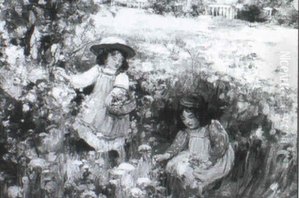 Two Girls Picking Wild Flowers In A Meadow Oil Painting by Thomas Bromley Blacklock