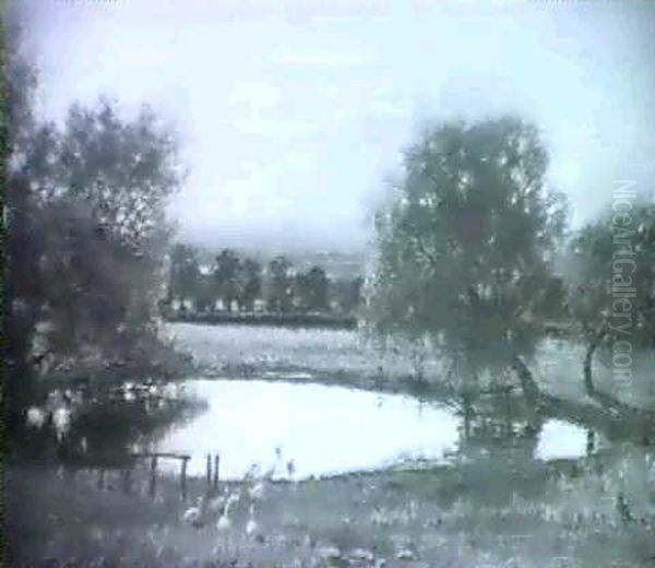 A Duck Pond Oil Painting by Thomas Bromley Blacklock