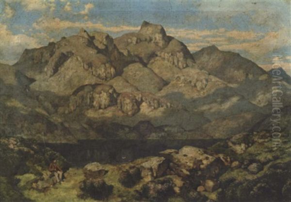 Lake District Landscape Witha Mountain Beyond, A Fisherman Seated On A Foreground Rock Oil Painting by William James Blacklock