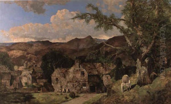 A Lakeland Landscape With A Manor House And Beehives Oil Painting by William James Blacklock