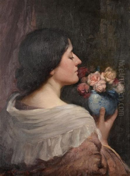 An Elegant Lady Standing With A Bowl Of Roses Oil Painting by William Kay Blacklock