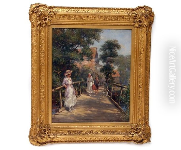 Figures And Dog On A Bridge Oil Painting by William Kay Blacklock