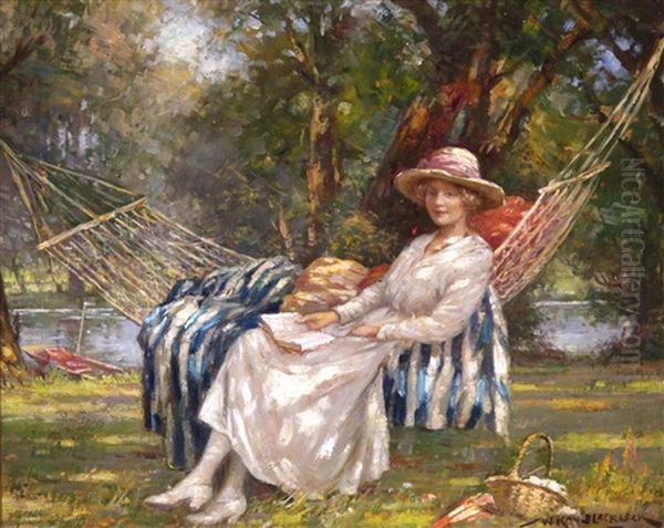 A Lady Reclining In A Hammock By The River Oil Painting by William Kay Blacklock