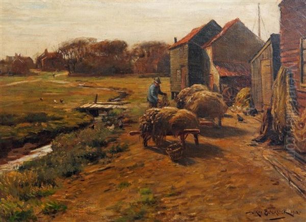 Rural Scene With Figure Working Near A Barn Oil Painting by William Kay Blacklock