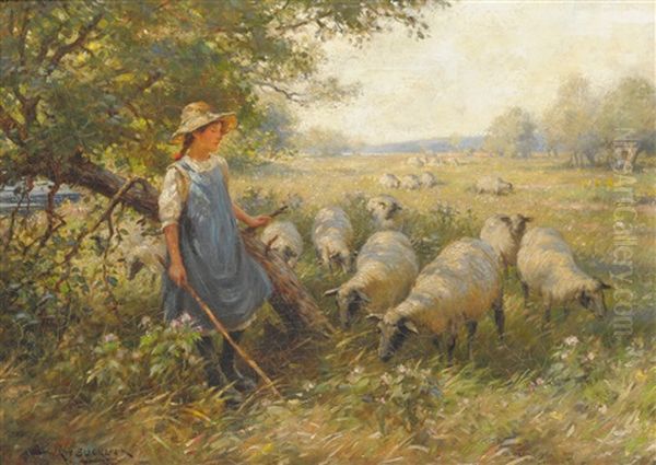 Landscape With A Shepherdess And Sheep In The Shade Of A Tree Oil Painting by William Kay Blacklock