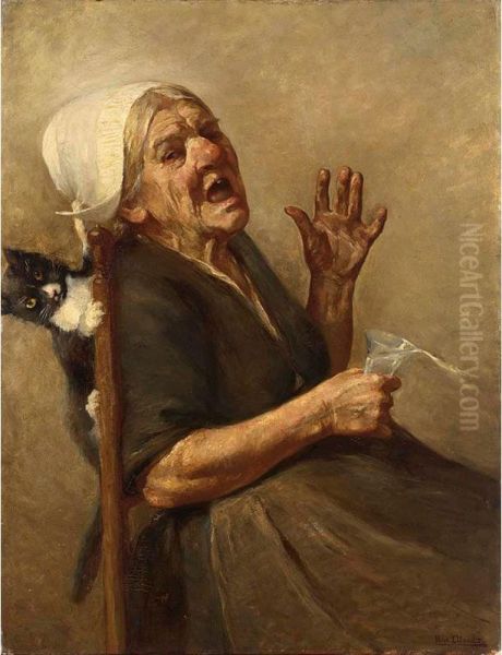 An Elderly Lady Frightened By A Cat Oil Painting by Max Alexander Alandt