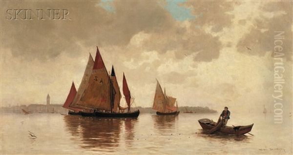 Boats In The Venetian Lagoon Oil Painting by Walter Blackman