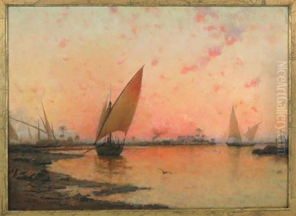 Boats On The Nile River At Sunset Oil Painting by Walter Blackman