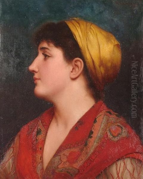 Bust Length Portrait Of A Woman Wearing A Shawl Oil Painting by Walter Blackman