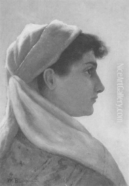 Portrait Of A Young Woman With A White Scarf Oil Painting by Walter Blackman