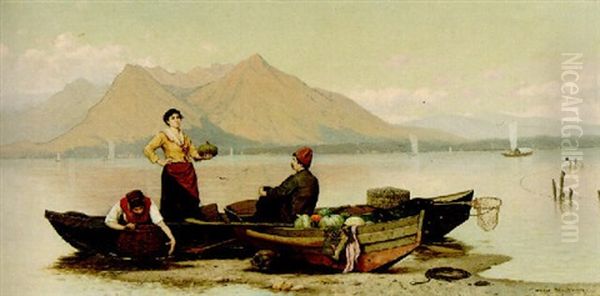 Fisherfolk In A Harbor Oil Painting by Walter Blackman