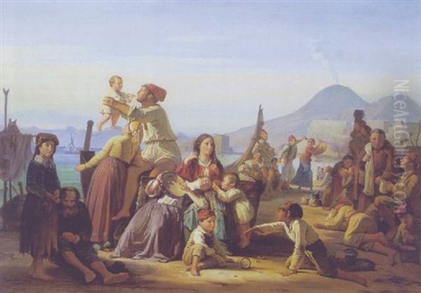 Italienske Fiskerfamilier, Der Holder Siesta Pa Stranden Ved Vesuv Oil Painting by Johan Zacharias Blackstadius