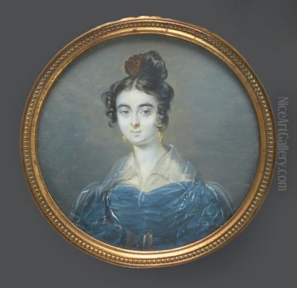 Portrait De Madame Caroline Reiset, En Buste Vers La Gauche, Presque De Face, Vetue D'une Robe Bleue, Ceinture A Coques Et Pendants D'oreilles Oil Painting by Candide Blaize