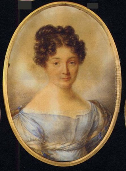 A Young Lady In A Blue Dress With Underslip, Wearing A Striped Stole Over Her Left Arm, Her Dair Dressed In Curls Oil Painting by Candide Blaize