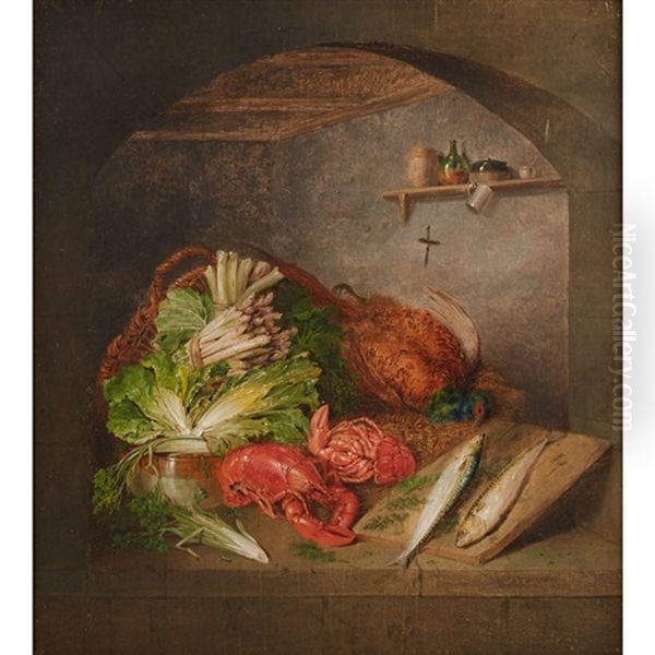 Kitchen Still Life With Asparagus, Poultry And Lobsters Oil Painting by Benjamin Blake