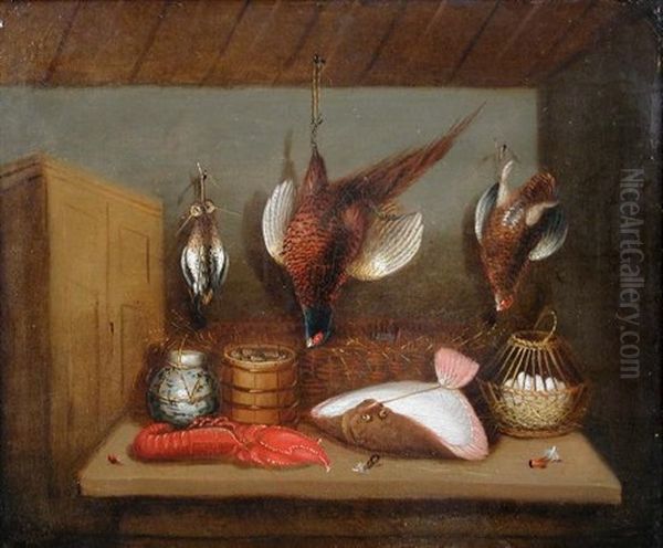 Still Life Of A Mallard, A Pheasant, A Hare, And A Brace Of English Partridge (+ A Brace Of Snipe, A Turbot, A Lobster, A Grouse, A Basket Of...; Pair) Oil Painting by Benjamin Blake