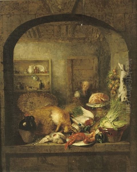 A Kitchen Still Life With Lobster, A Hare And Vegetables Oil Painting by Benjamin Blake