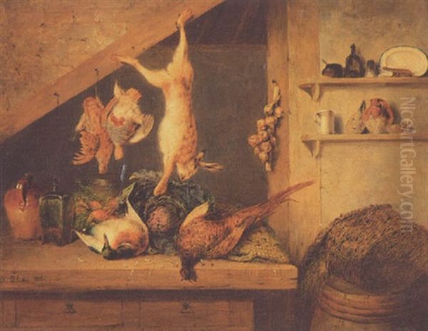 Gamebirds And A Hare In The Larder Oil Painting by Benjamin Blake