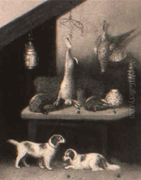 A Study Of Dead Game With Two Spaniels Oil Painting by Benjamin Blake