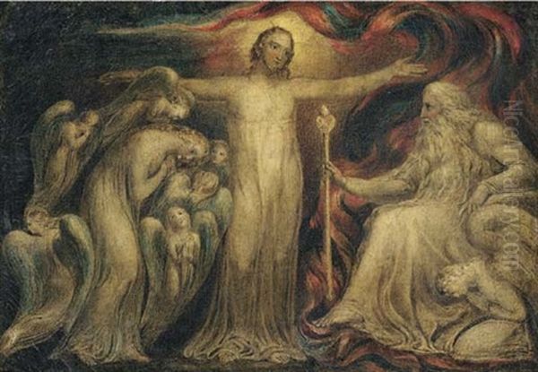 Christ The Mediator: Christ Pleading Before The Father For St. Mary Magdalene Oil Painting by William Blake