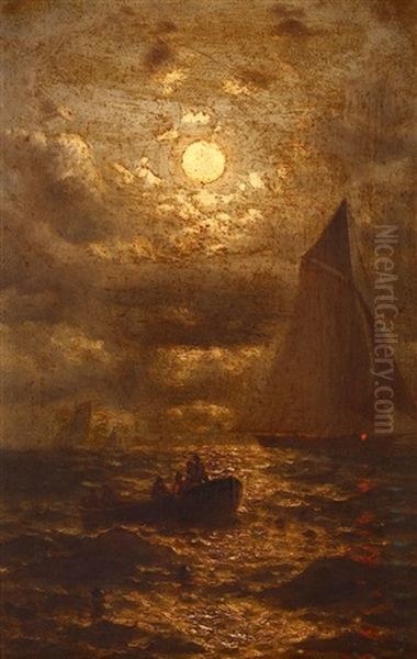 Boats In A Moonlit Sea Oil Painting by Ralph Albert Blakelock