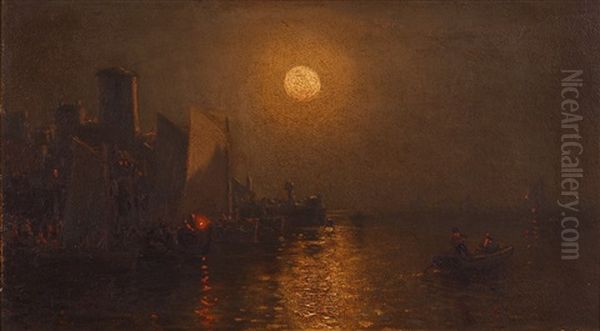 A Moonlit Castle Harbour Oil Painting by Ralph Albert Blakelock