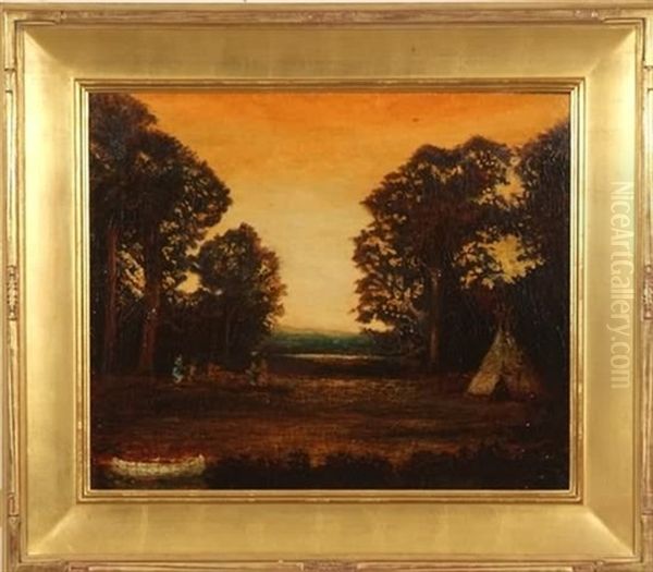 Woodland Interior Scene With Teepee, Canoe And Figures Oil Painting by Ralph Albert Blakelock