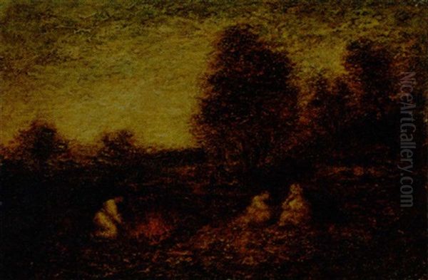 Three Figures, Campfire, And Tents Oil Painting by Ralph Albert Blakelock