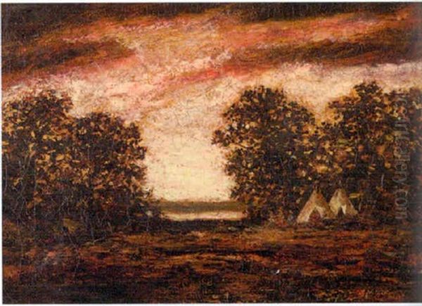 Landscape At Sunset With Indian Encampment Oil Painting by Ralph Albert Blakelock