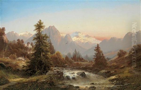 Gebirgslandschaft Mit Bach Und Ruine Oil Painting by Adolf Albin Blamauer