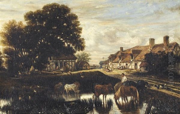 Belebte Dorfpartie Mit Weiher Oil Painting by Alphonse Blanc