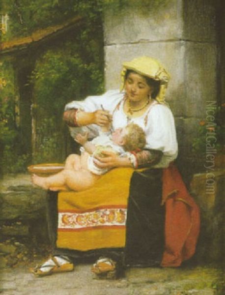 Italienne Donnant La Soupe A Son Enfant Oil Painting by Celestin-Joseph Blanc