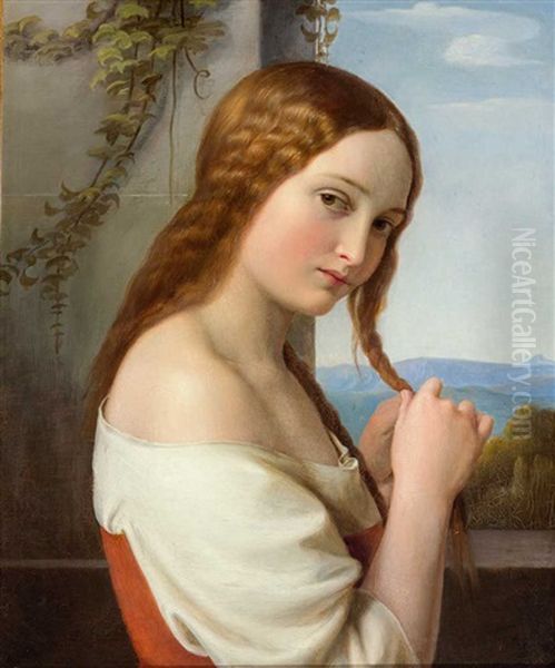 Portrait Eines Madchens Mit Direktem Blick Zum Betrachter Und Weitem Landschaftsausschnitt Oil Painting by Louis Ammy Blanc