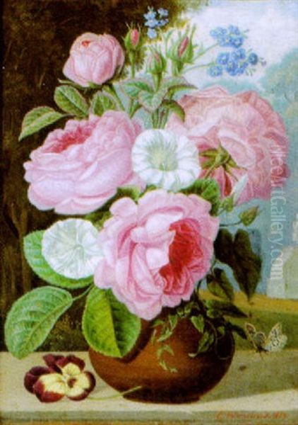 Tonvase Mit Rosen Und Anderen Bluten, Mit Schmetterling Auf Einer Balustrade Oil Painting by Emile Theophile Blanchard