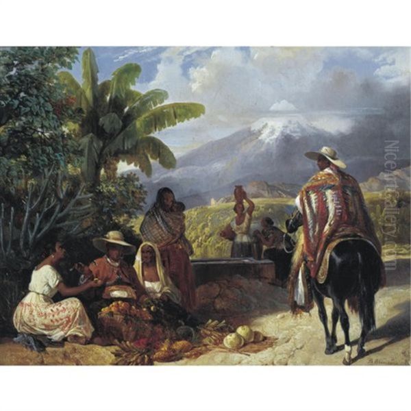 Vendedores De Fruta Con El Pico De Orizaba Oil Painting by Henri Pierre Leon Pharamond Blanchard