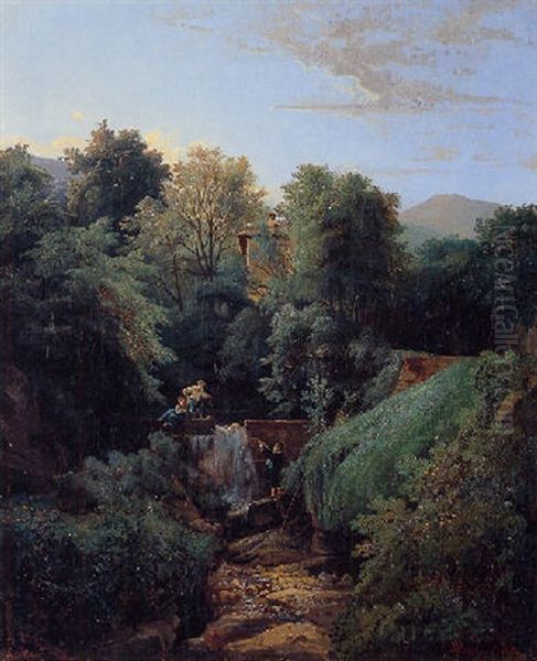 Figures By A Waterfall With A Mountainous Landscape Beyond Oil Painting by Henri Pierre Leon Pharamond Blanchard