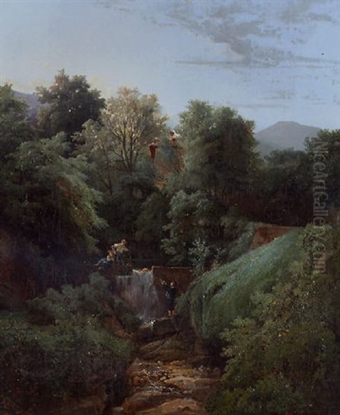 A Wooded Landscape With Boys Fishing By A Waterfall Oil Painting by Henri Pierre Leon Pharamond Blanchard