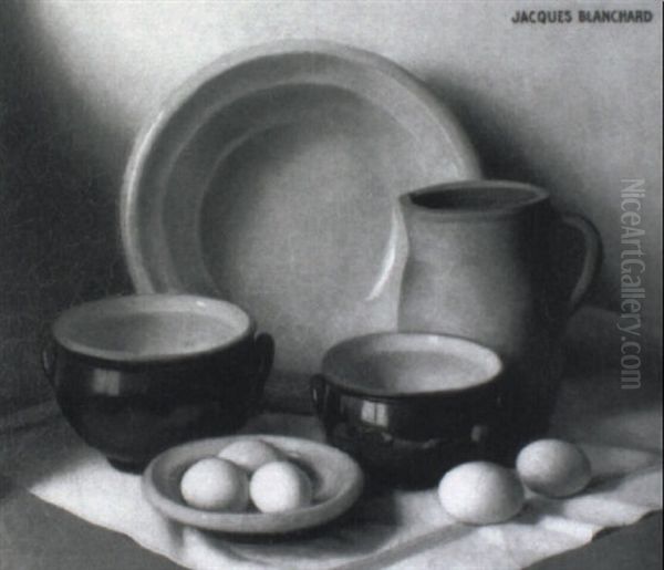 Still Life With Eggs, Pottery And White Cloth Oil Painting by Jacques Blanchard