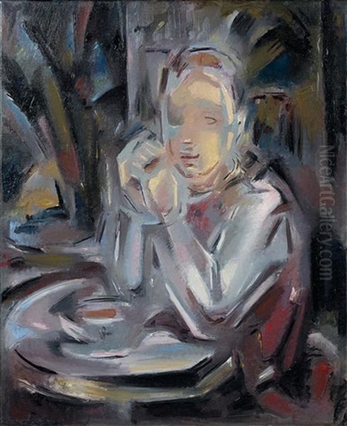 Jeune Assis A Table Face A Une Tasse Oil Painting by Maria Blanchard