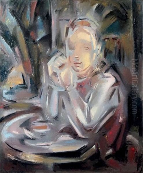 Jeune Fille Assise A Table Face A Une Tasse Oil Painting by Maria Blanchard