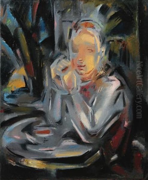 Jeune Assis A Table Face A Une Tasse Oil Painting by Maria Blanchard