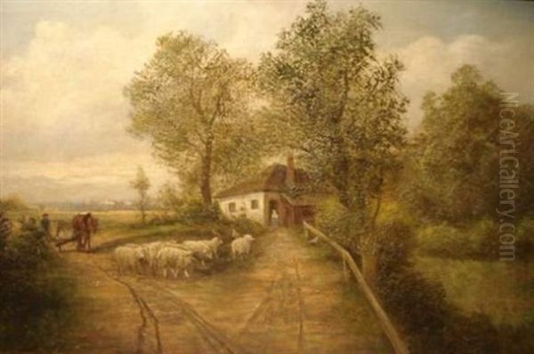 Troupeau De Moutons Devant L'auberge Oil Painting by Theophile-Clement Blanchard