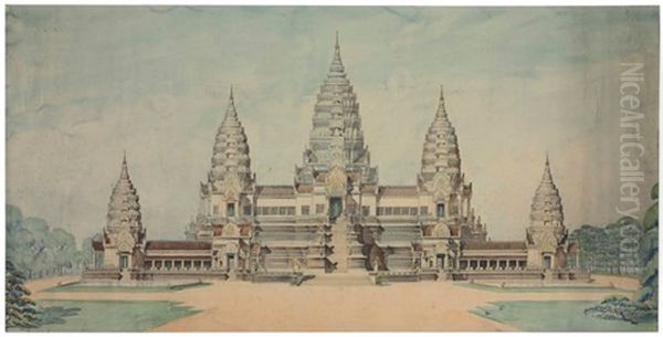 A Watercolor Painting Of A Cambodian Temple Complex Oil Painting by Charles and Gabriel Blanche