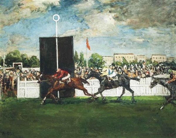 A Race For The Line Oil Painting by Jacques-Emile Blanche