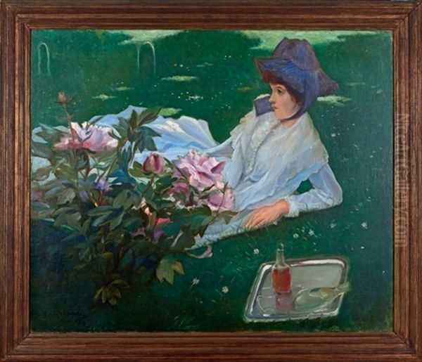 Henriette Chabot Aux Pivoines Oil Painting by Jacques-Emile Blanche