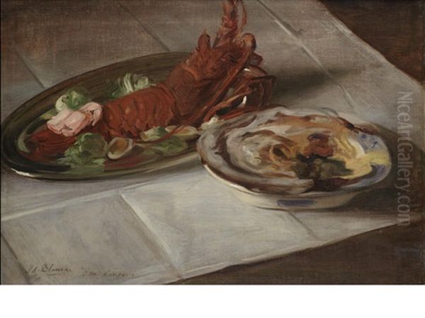 Nature Morte A La Langouste Sur Un Plat D'argent Oil Painting by Jacques-Emile Blanche