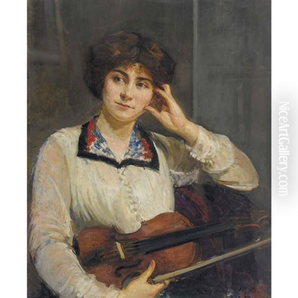 Portrait D'henriette Mallet (1887-1930) Au Violon Oil Painting by Jacques-Emile Blanche