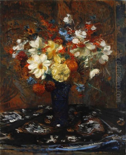 Still Life Of Flowers In A Blue Vase Oil Painting by Jacques-Emile Blanche