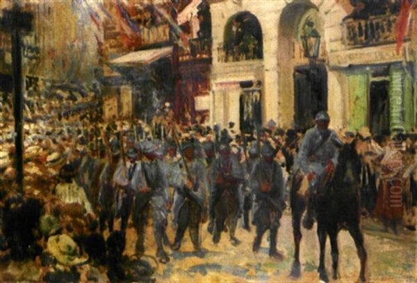 Le Defile Des Poilus Oil Painting by Jacques-Emile Blanche