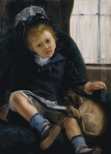 Petite Fille Au Chiot Oil Painting by Jacques-Emile Blanche